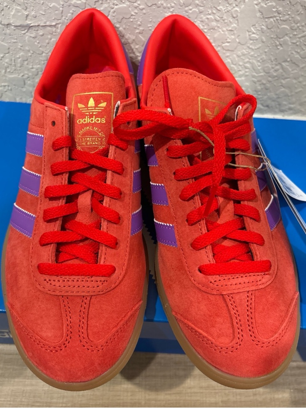 adidas Red Suede Sneakers with Purple Stripes and Gum Sole
